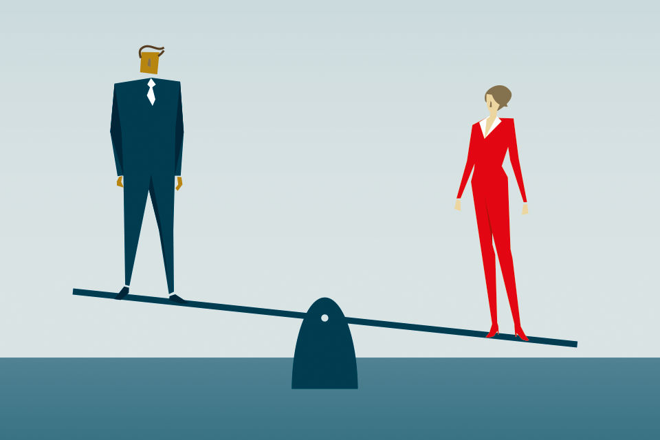 Cartoon of a man and woman on opposite ends of a see-saw, the man's end higher